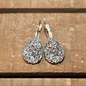 Silver Teardrop Druzy Earrings 13x18mm